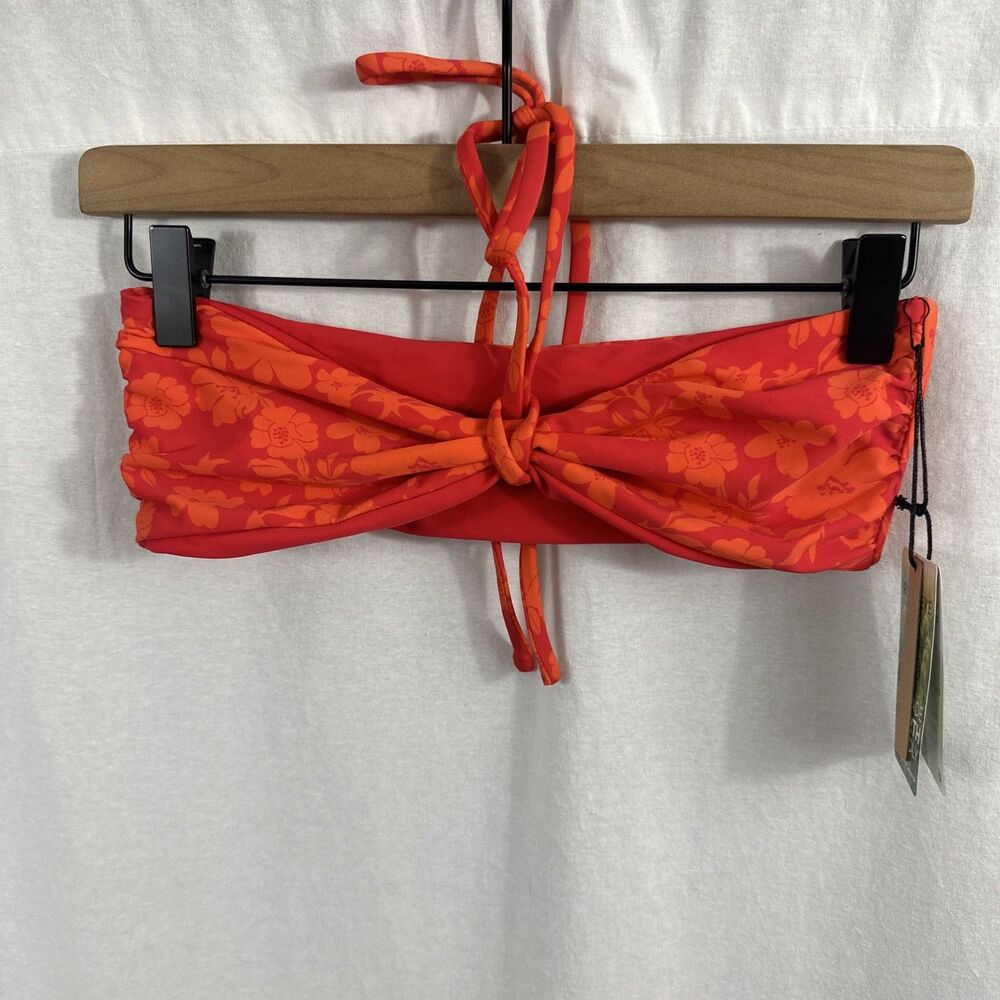 Leni Swims Red Orange Floral Sweetheart Halter Swim Bikini Top Size M Beach